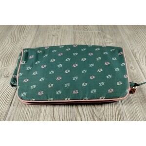 Green Floral Make-up Bag Pink Trim Zipper Pouch White Interior Travel